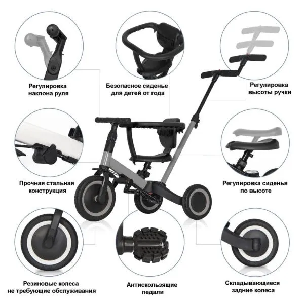 Детский беговел-велосипед 8в1 с крышей и ручкой, серый - TR008C-GREY