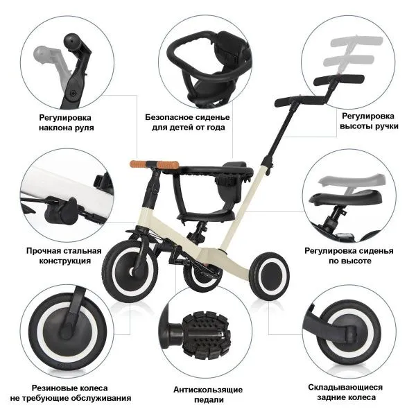 Детский беговел-велосипед 8в1 с крышей и ручкой, бежевый - TR008C-BEIGE