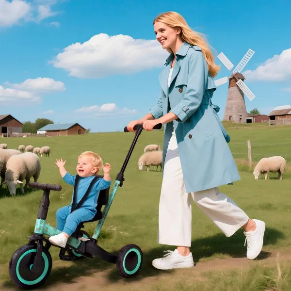 Детский беговел-велосипед 4в1 с родительской ручкой, зеленый с рисунком - TR007-CYAN-PAINT