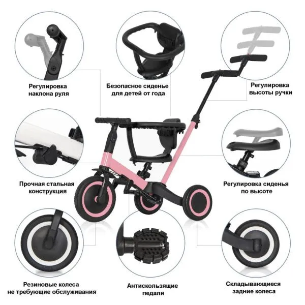 Детский беговел-велосипед 8в1 с крышей и ручкой, розовый - TR008C-PINK