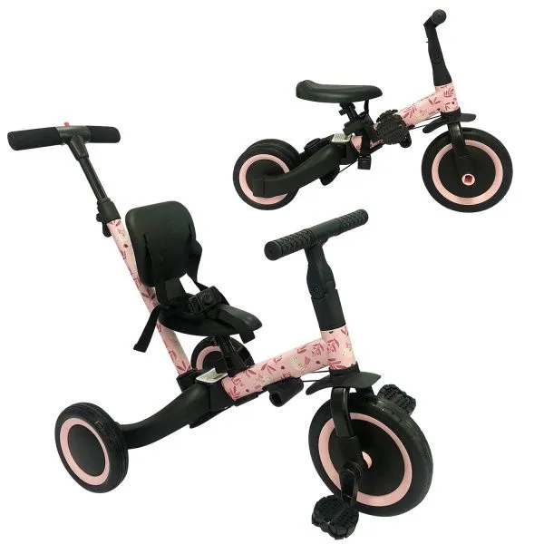 Детский беговел-велосипед 4в1 с родительской ручкой, розовый с рисунком - TR007-PINK-PAINT