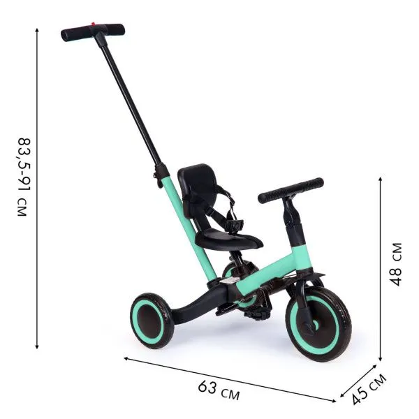 Детский беговел-велосипед 4в1 с родительской ручкой, зеленый с рисунком - TR007-CYAN-PAINT