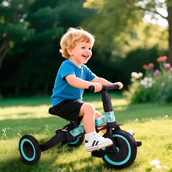 Детский беговел-велосипед 4в1 с родительской ручкой, зеленый с рисунком - TR007-CYAN-PAINT