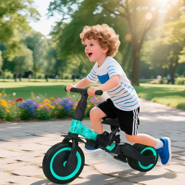 Детский беговел-велосипед 4в1 с родительской ручкой, зеленый с рисунком - TR007-CYAN-PAINT